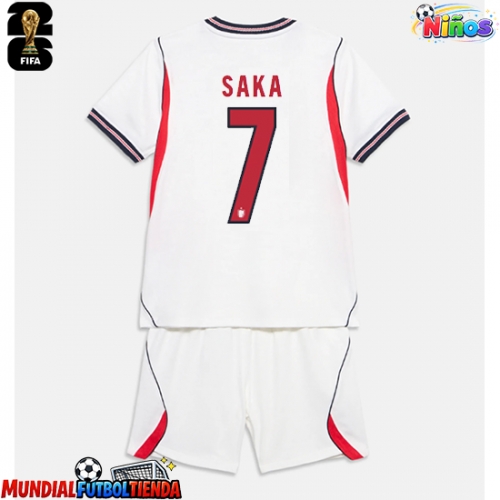 Camiseta Inglaterra Bukayo Saka #7 Primera Equipación Replica Mundial 2026 para niños mangas cortas (+ Pantalones cortos)
